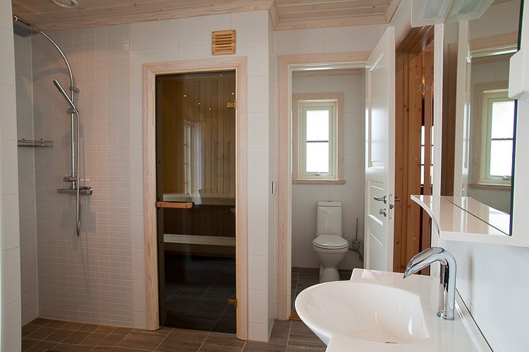 Bastu, dusch och toalett i badrummet med relax